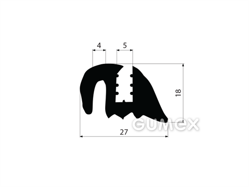 Pryžový profil do oken dopravních prostředků bez klínku, 18x27/5/4mm, 60°ShA, EPDM, -40°C/+100°C, černý